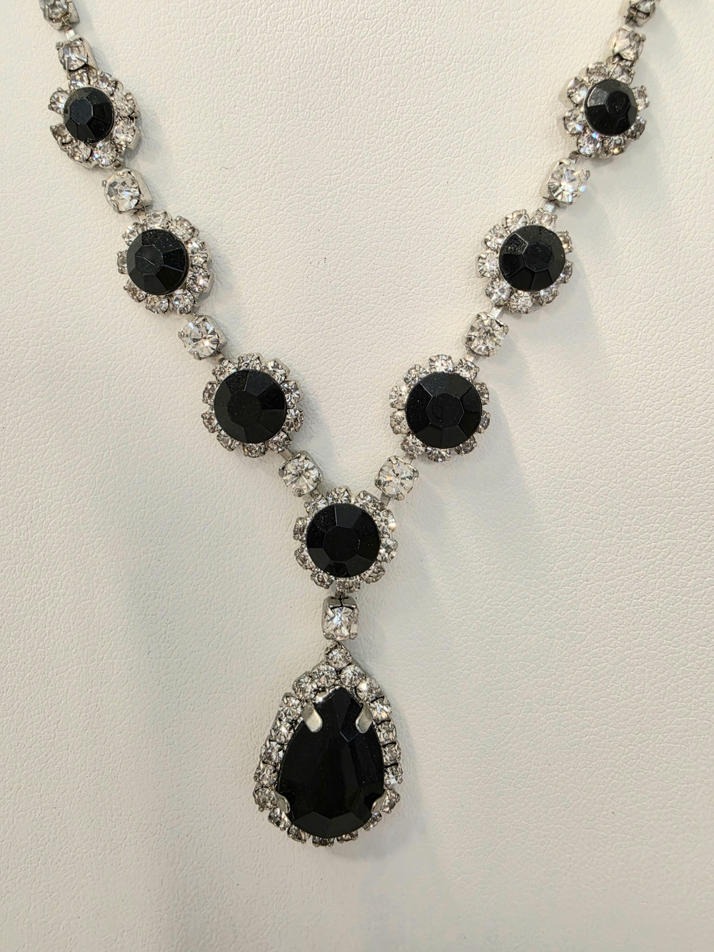 Glam Jet Black & Clear Rhinestone Pear Drop Statement Necklace Sz 17.75"